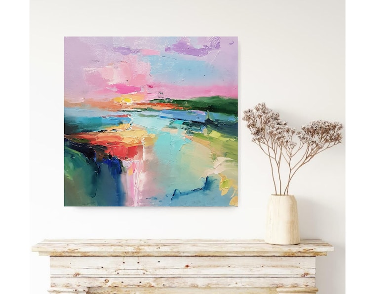 Lake abstract landscape, Large Original oil painting on canvas, Modern Impressionism, Pink sunset, Living room wall art, Fine art 2024. image 6