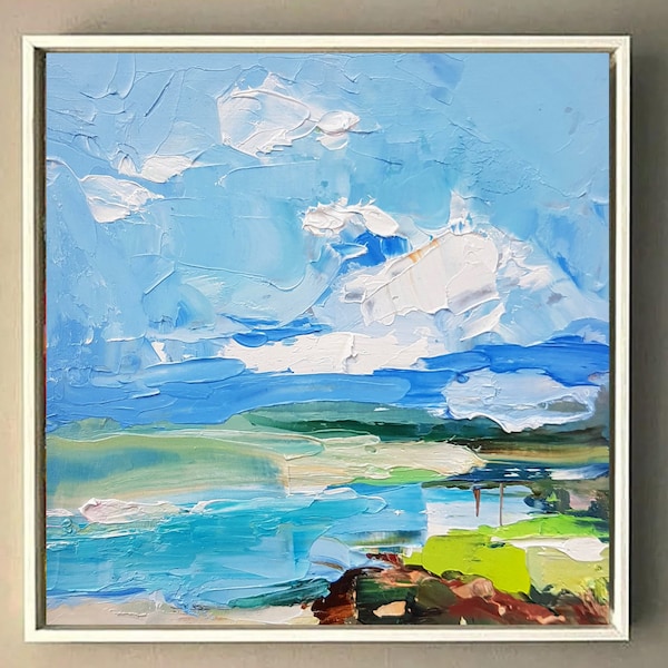 Blue sky painting  on canvas  Original oil art Abstract Landscape 3d Wall art Modern art for  Living Room 2022.