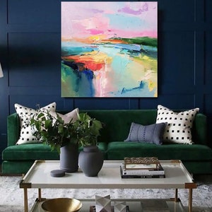 Lake abstract landscape, Large Original oil painting on canvas, Modern Impressionism, Pink sunset, Living room wall art, Fine art 2024. image 8