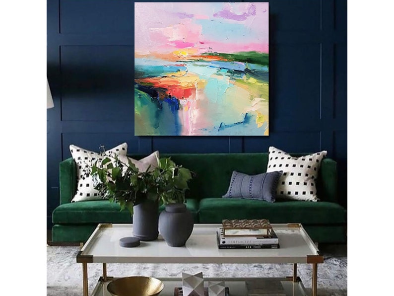 Lake abstract landscape, Large Original oil painting on canvas, Modern Impressionism, Pink sunset, Living room wall art, Fine art 2024. image 8