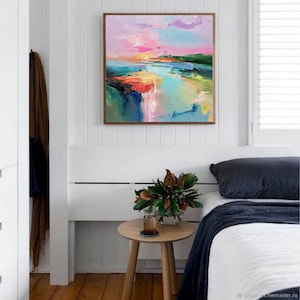 Lake abstract landscape, Large Original oil painting on canvas, Modern Impressionism, Pink sunset, Living room wall art, Fine art 2024. image 10