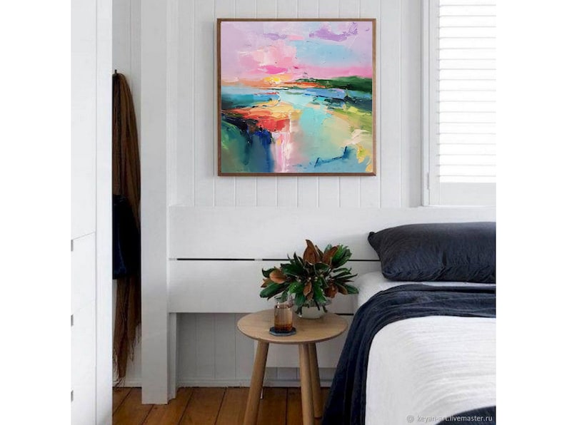 Lake abstract landscape, Large Original oil painting on canvas, Modern Impressionism, Pink sunset, Living room wall art, Fine art 2024. image 10