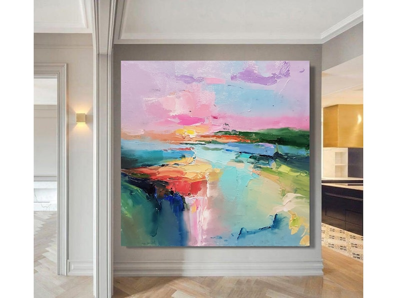 Lake abstract landscape, Large Original oil painting on canvas, Modern Impressionism, Pink sunset, Living room wall art, Fine art 2024. image 7