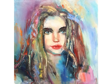 Sad girl Original impasto oil painting Dream Illustration Abstract portrait Wall Art for living room Home decor.