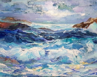 Large Night Sea Impasto Oil painting on linen canvas Modern Impressionism Seascape Palette knife art Ready to hang.