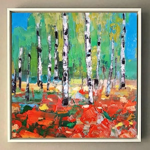 Birch forest. Abstract landscape, Large original oil painting on canvas, 3D wall art, Modern impressionism 2024, Home wall decor.