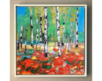 Birch forest. Abstract landscape, Large original oil painting on canvas, 3D wall art, Modern impressionism 2024, Home wall decor.