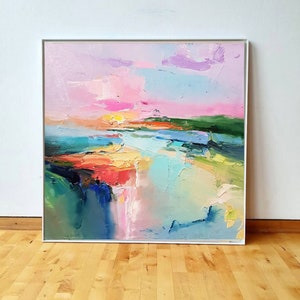 Lake abstract landscape, Large Original oil painting on canvas, Modern Impressionism, Pink sunset, Living room wall art, Fine art 2024. image 5