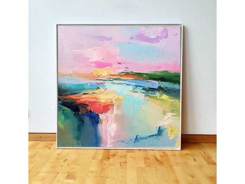 Lake abstract landscape, Large Original oil painting on canvas, Modern Impressionism, Pink sunset, Living room wall art, Fine art 2024. image 5