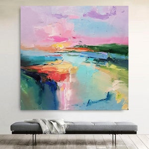 Lake abstract landscape, Large Original oil painting on canvas, Modern Impressionism, Pink sunset, Living room wall art, Fine art 2024. image 2