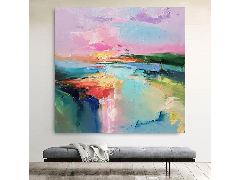 Lake abstract landscape, Large Original oil painting on canvas, Modern Impressionism, Pink sunset, Living room wall art, Fine art 2024. image 2