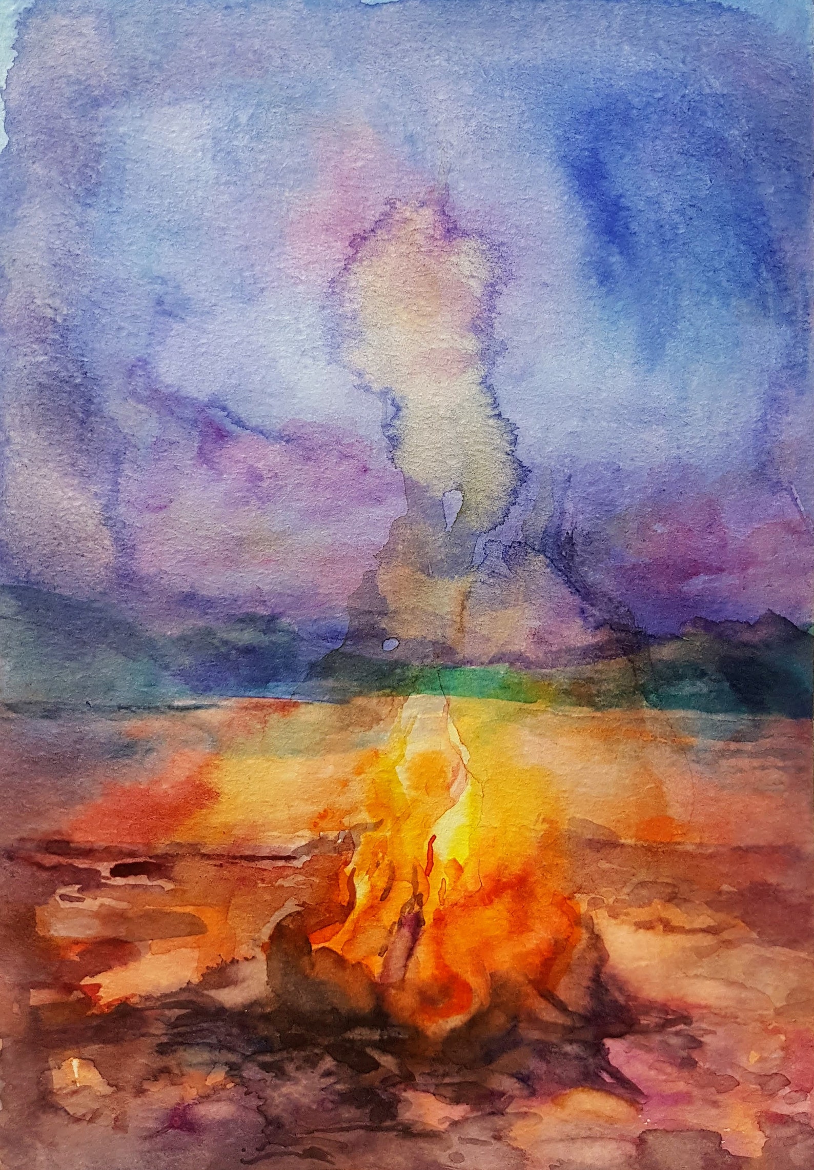Bonfire Original Watercolor painting Fire Illustration Night Etsy
