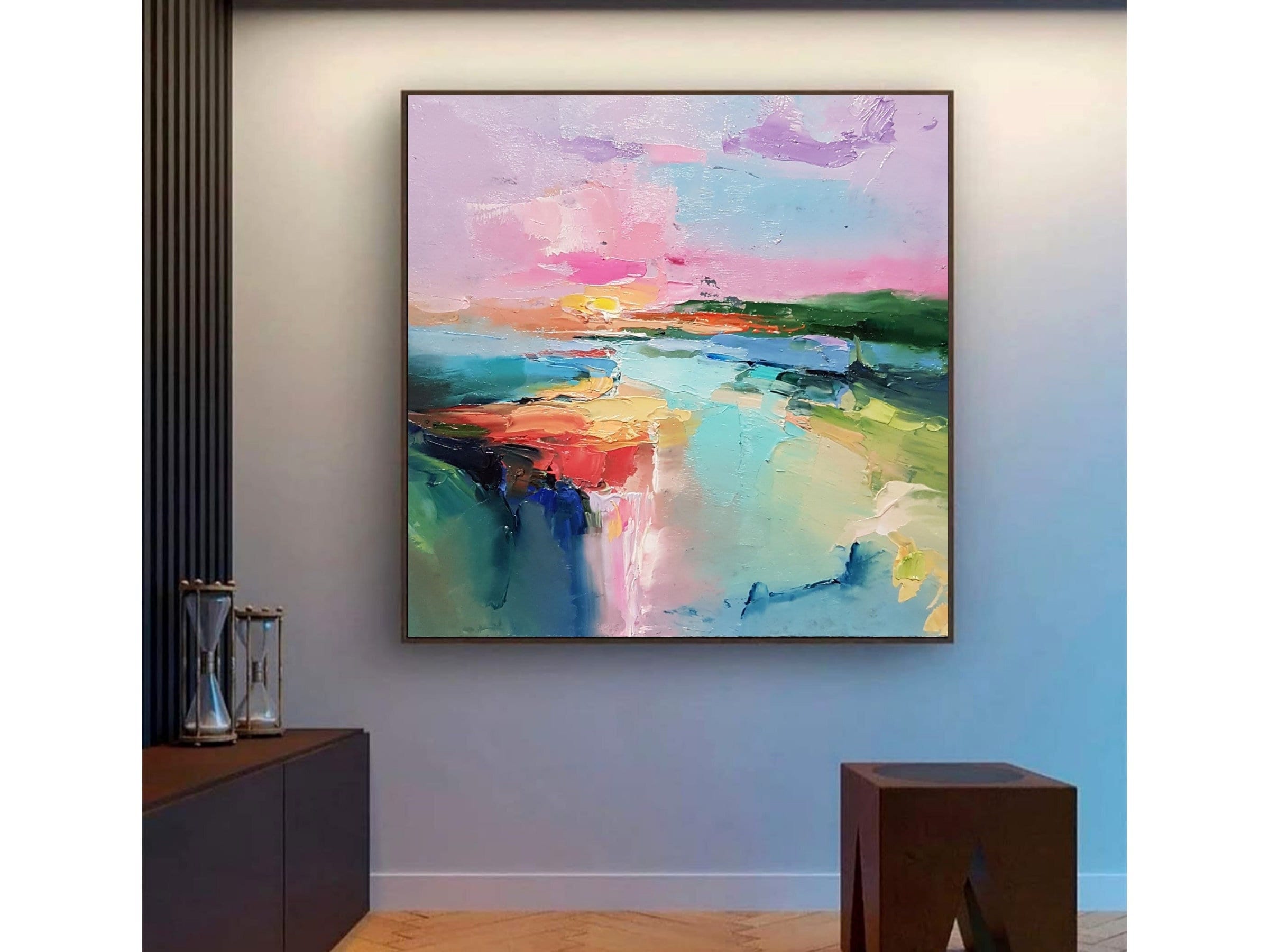 Lake Abstract Landscape： Colorful Oil Painting with Pink Sunset Decor