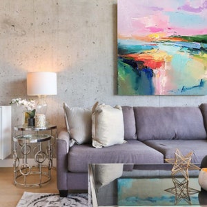 Lake abstract landscape, Large Original oil painting on canvas, Modern Impressionism, Pink sunset, Living room wall art, Fine art 2024. image 4