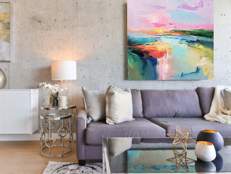 Lake abstract landscape, Large Original oil painting on canvas, Modern Impressionism, Pink sunset, Living room wall art, Fine art 2024. image 4