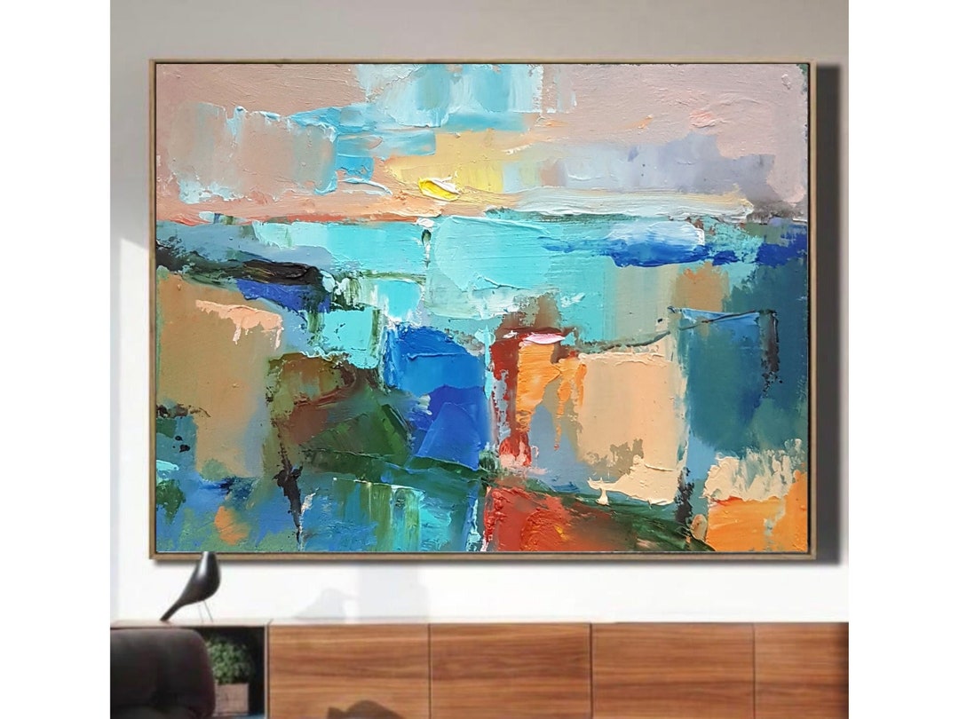 Sunset Abstract Colorful Landscape Art, Original Oil Painting on Canvas ...