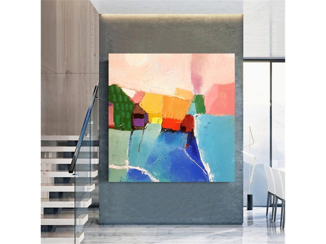 Colorful Geometric Landscape, Original Oil Painting on Canvas, Large ...