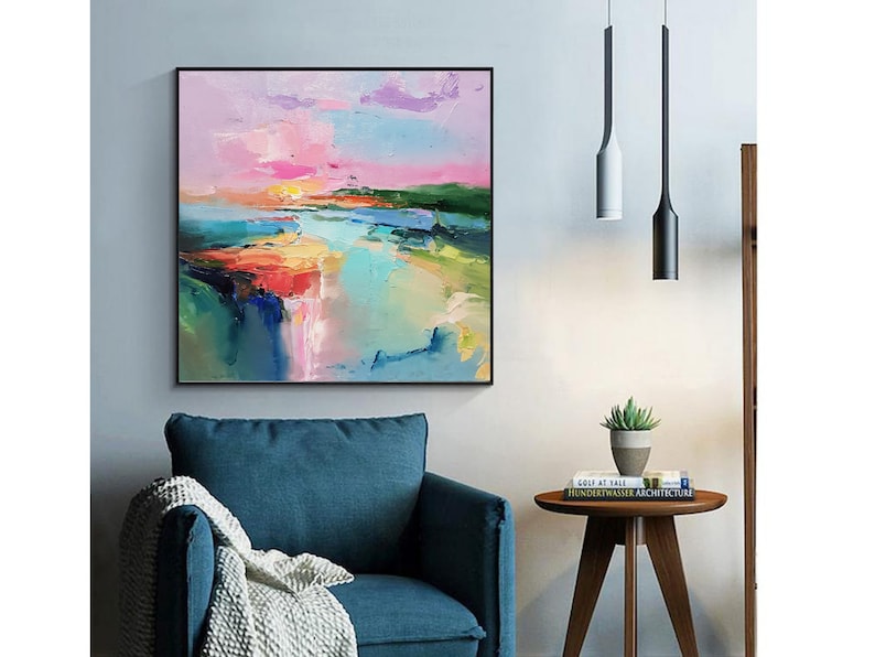 Lake abstract landscape, Large Original oil painting on canvas, Modern Impressionism, Pink sunset, Living room wall art, Fine art 2024. image 9