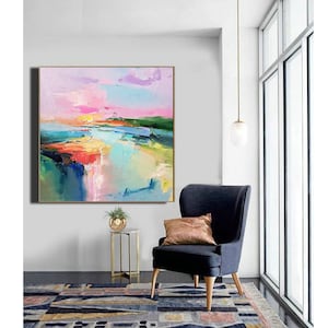 Lake abstract landscape, Large Original oil painting on canvas, Modern Impressionism, Pink sunset, Living room wall art, Fine art 2024. image 3