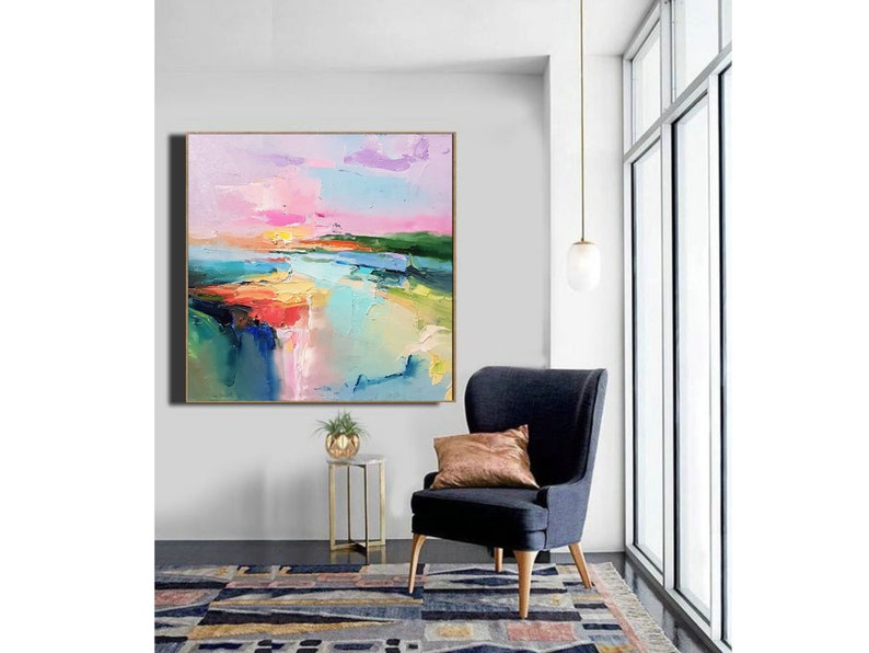 Lake abstract landscape, Large Original oil painting on canvas, Modern Impressionism, Pink sunset, Living room wall art, Fine art 2024. image 3