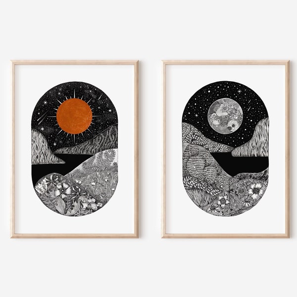 Impressions originales soleil et lune, art mural lune, impression nocturne, impression d'art paysage, collection jardin secret, lot de deux impressions soleil et lune