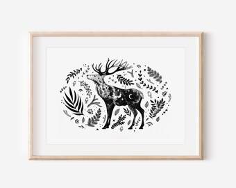 Deer print, Deer wall art, Deer decor,  Deer art, Deer poster, Deer illustration, Deer drawing, Deer gift, Deer nursery, Woodland poster
