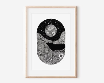 Moon print, moon wall art, nocturne print, landscape wall art, secret garden print collection, black and white moon print, fall moon print