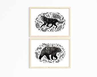 Bear and wolf print, gallery wall set, animal print set of 2, wall art print, black and white animal print, nursery woodland animal print