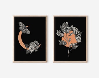 Sun and moon print, Sun moon print set, Black print set of 2, Botanical print set of two, Boho art print set, Bedroom decor, halloween gift