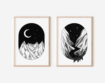 Mountain river wall art, Nature set of two prints, Black white landscape wall art, Nature lover print set of 2, Night wall art, Nocturne art