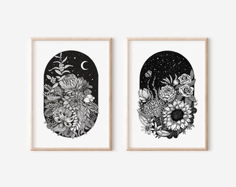 Botanical print set of 2, Gallery wall art flowers, Wild flowers art, Black white floral wall decor, Garden flowers prints set, Gift for her