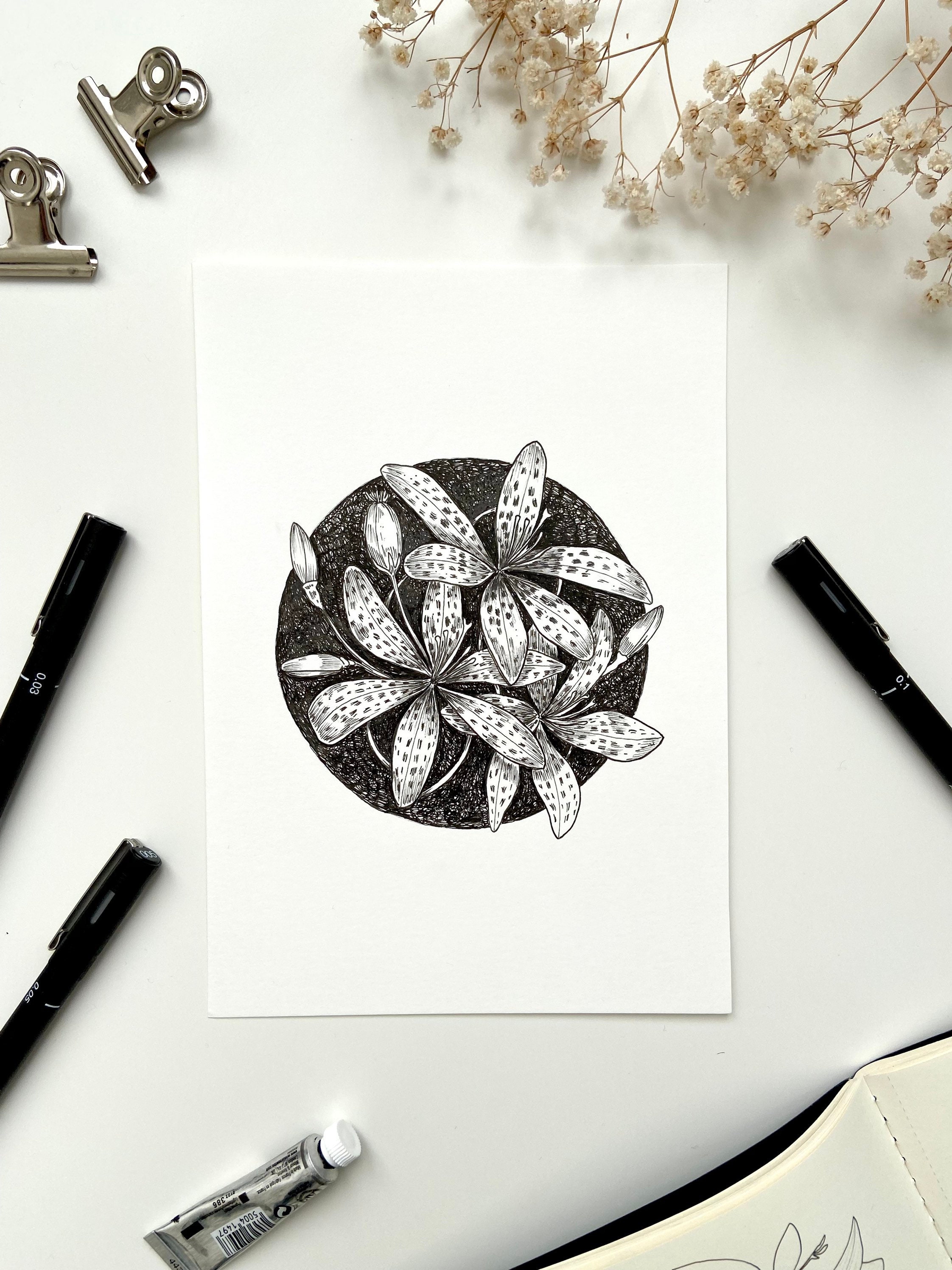 Dessin de Lys Léopard, Illustration Originale, Décoration Botanique Pour La Maison, Cadeau d'art Fêt