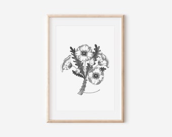 Black and white bouquet print , bouquet gift for her, floral art print living room, flowers wall art, flowers birthday gift, flower prints