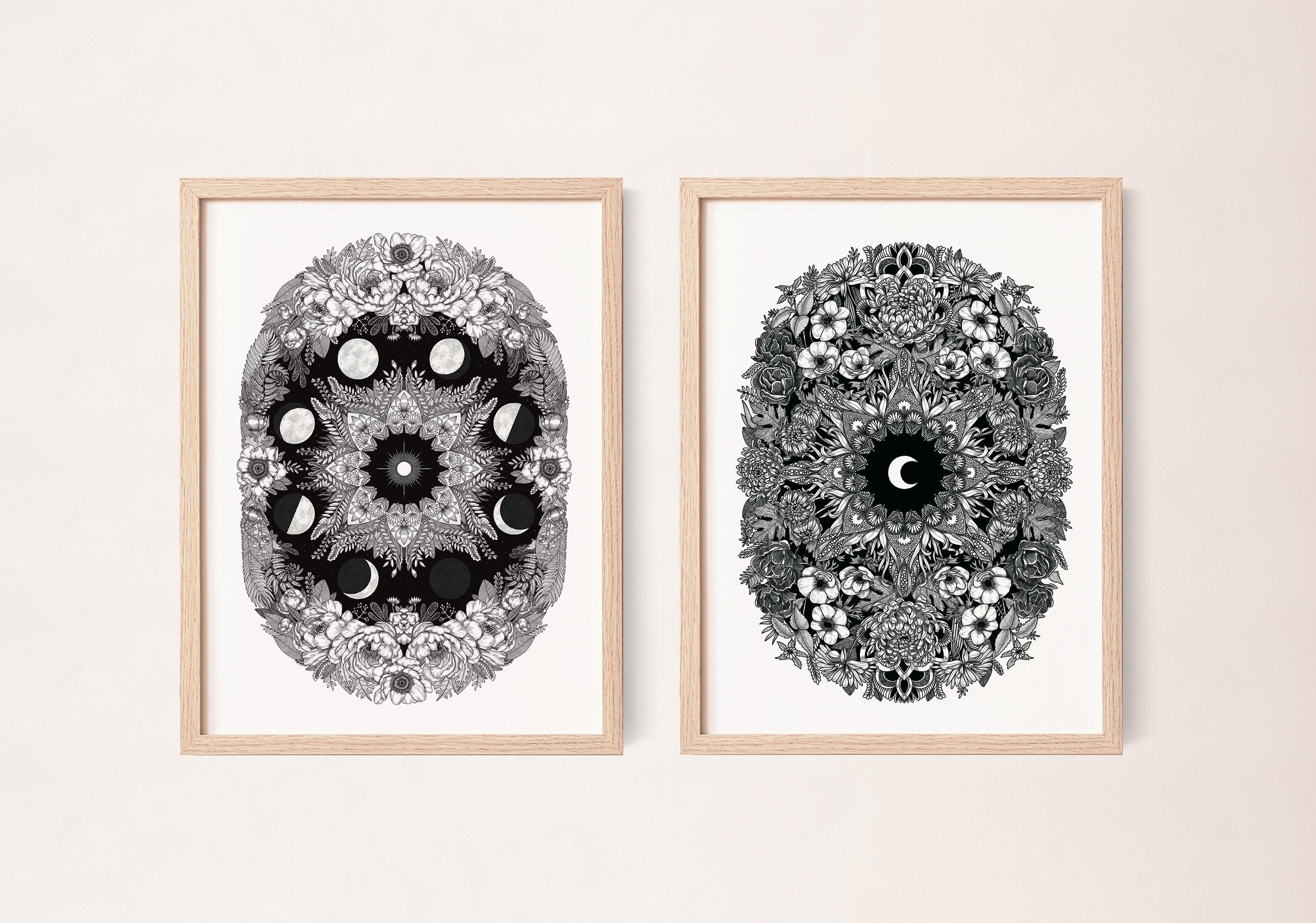 Ensemble d'impressions Botaniques Mandala Noir et Blanc de 2, Ensemble Mandala Magiques, Illustratio