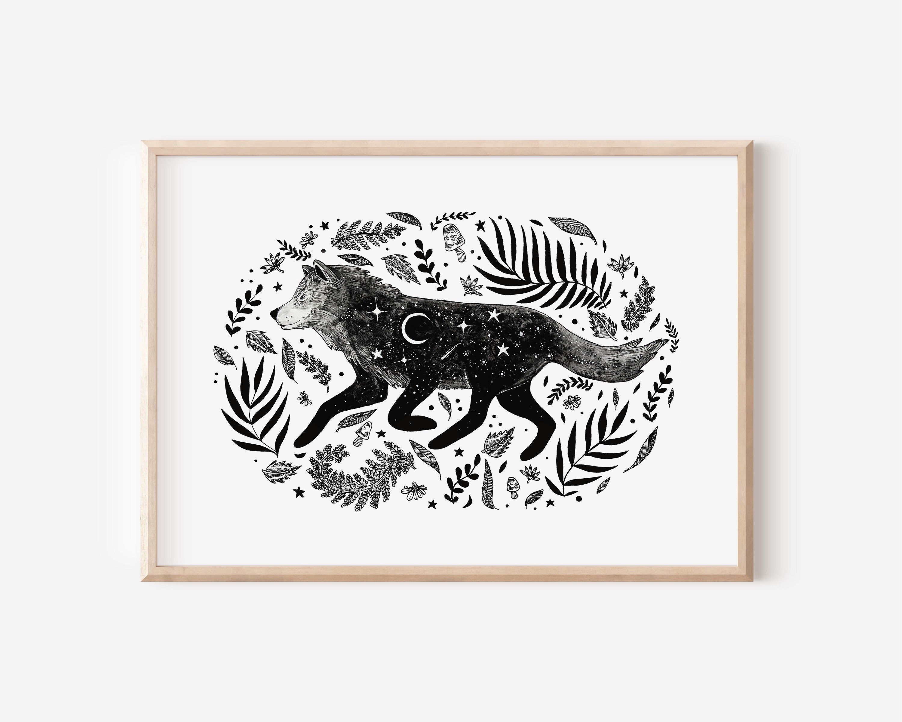 Wolf Print, Wolf Wall Art, Space Wolf, Poster, Illustration, Ink, Drawing, Gift, Black Baby
