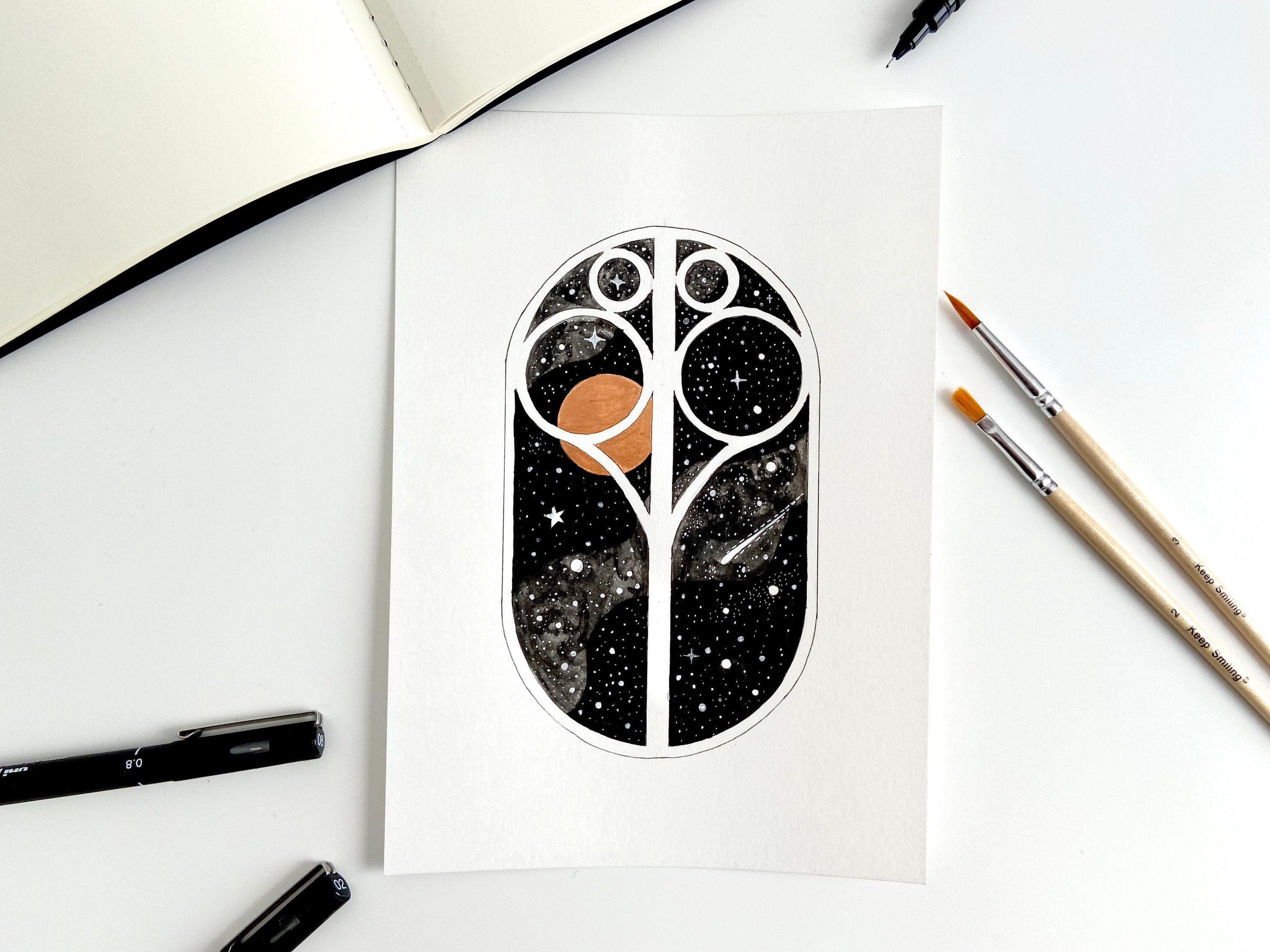 Dessin Original de Fenêtre Cosmique, Illustration Galaxie, Signée, à L'encre, Dessin Du Ciel Nocturn