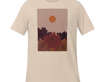 Sunset with peonies t-shirt • Boho spring sun t-shirt  • Burnt orange sun tshirt • Floral sun tee • Sun botanical tee • Sunset tshirt gift