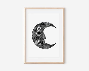 Botanical Moon Print, Floral Moon Wall Art, Craesent Moon Print, Magical Aesthetic Art, Mystical Moon Print, Baby Nursery Flowers Moon Print