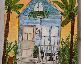 MY HOME, Beach House, Tropical House, Palm Beach, Fort Lauderdale, Miami, Watercolor, Livingroom Home Decor, Sunset, USA