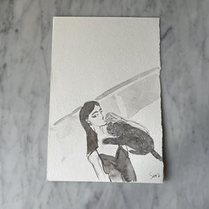 AUTORITRATTO - Watercolor Cat, Self-Portrait, Woman Portrait, Home Decor, Female Drawing, cat, Black and White