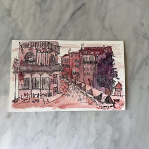 PARIS EN ROSE, Paris Watercolor, Parisian Cafe, Architecture Sketching, Housewarming Gift, French Houses, Urban Sketching, Fantasy Art