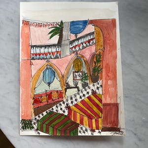 RIAD JEEMA, Marrakech Riad, Moroccan Wall Art, Marrakech Hotel Illustration, Bohemian Wall Decor, Tropical Plants, interior riad style