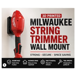 May include: A 3D printed black wall mount holding a red and black Milwaukee string trimmer. The text reads 3D PRINTED MILWAUKEE STRING TRIMMER WALL MOUNT, STRONG, SECURE, SPACE SAVING, SECURE HOLD, MAXIMIZE SPACE, EASY TO INSTALL, and TOOL SPECIFIC.