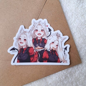 May include: Three anime characters with white hair and red eyes, wearing black and red outfits, with one holding a plate of food. The characters have devil tails and ears.