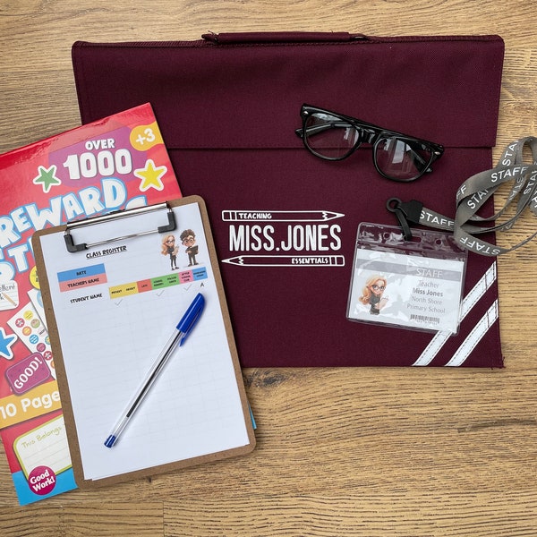 Role Pretend Play Teacher Set. Includes Personalised Book Bag+ Lanyard, Class Register + more. Great Gift Idea for Christmas / Birthday Gift