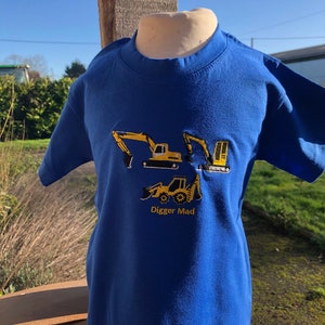 Childrens Childs Boy's Navy Black Tractor Digger Embroidered T-Shirt Age 2 to 8 