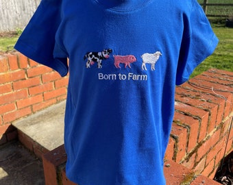 Childrens farm anima with the words Born to Farm embrodered tshirt