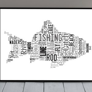 Fishing Word Cloud Art, Typography Gift for Him, Fisherman, Tackle, Fishing Rod, 30th, 40th, 50th, 60th. Birthday Present, Valentines