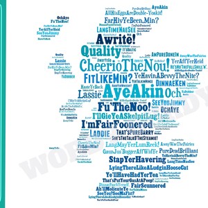 Carte de l'Écosse en téléchargement numérique, impression d'affiches d'art Word, nuage de mots, décoration d'intérieur, cadeau pour elle, argot écossais, drôle, cadeau pour lui, cadeau pour elle