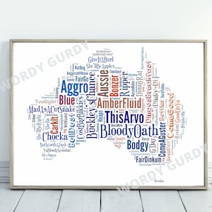 Art australien de nuage de mots de carte d'argot, impression d'affiche de phrases d'Australie drôle pour la personne qui a tout, typographie, expatrié de paquet de soins